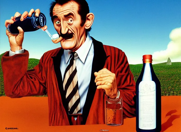 Image similar to barry chuckle drinking a bottle of snake oil, snake oil advertisement from 1 9 8 8, artwork by richard corben and rene magritte, 3 d, high resolution 8 k