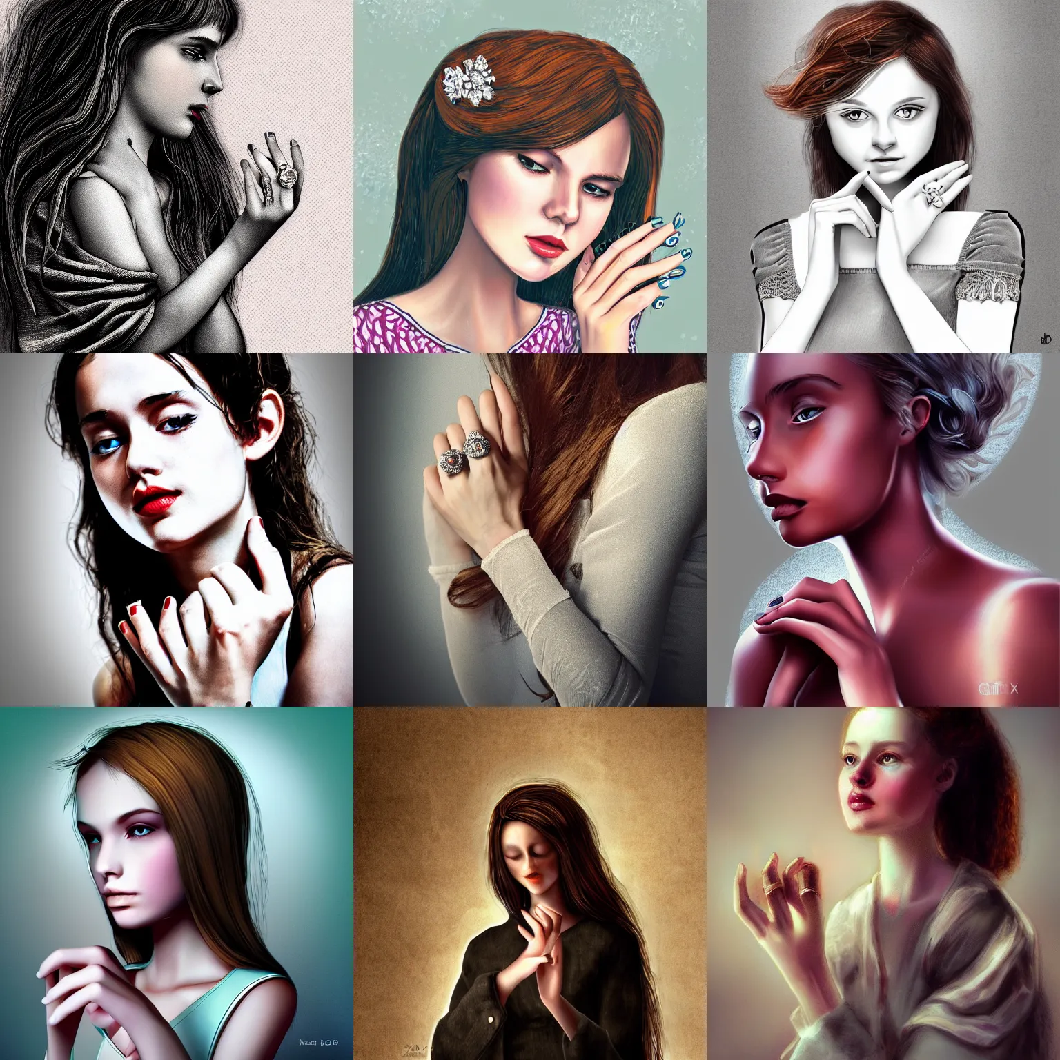 Prompt: girl with a ring on her finger, high detail, high modernization, high stylization, digital art