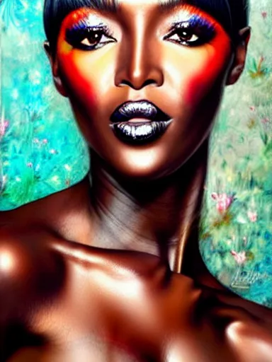 Image similar to portrait of naomi campbell with a floral background : : painted by artgerm, karol bak, artur bordalo, sandra chevrier : : portrait, character, illustration, hyperrealism, photorealism