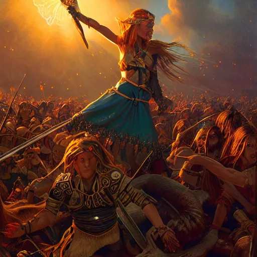 Image similar to epic beautiful young warrior maiden fighting against injustice under ritual lit night Micheal Whelan, Jeff Easley photorealistic, cinematic, fantastic reality, detailed, intricate dramatic lighting, establishing shot, 8k resolution – W 1024