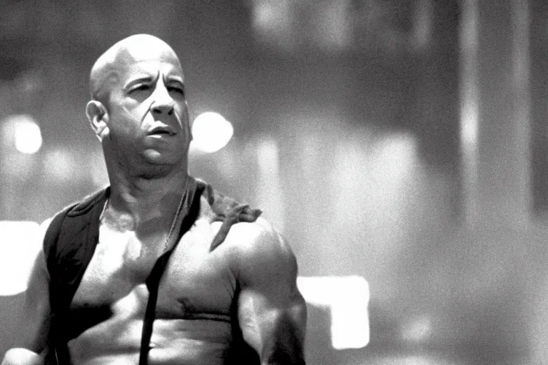 Prompt: film still of Vin Diesel as John McClane in Die Hard 1988