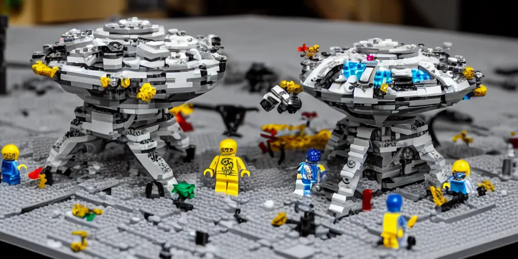 Prompt: wide shot lens photo of a very intricately detailed lego moonbase kit diorama designed by a master builder, with an epically shaped alien lego mothership ufo, lego rover, a moon buggy