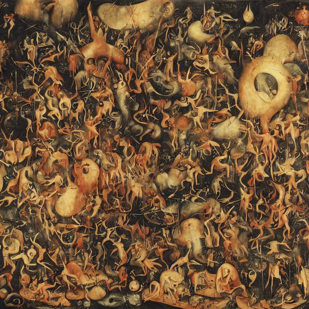 Image similar to painting worshippersof the void made by bosch
