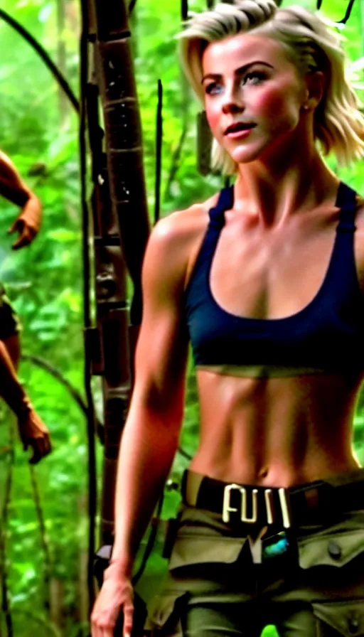 Image similar to cinematic action scene with julianne hough as a commando in the jungle, crop top, boy shorts, boots, dramatic smoke, still frame