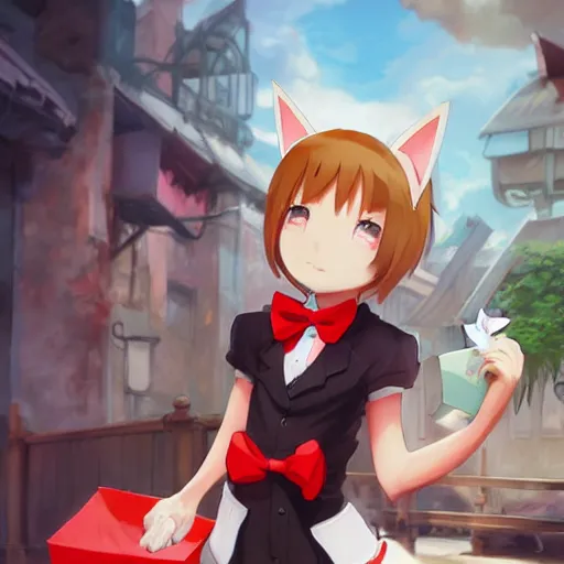 Image similar to anime woman with cat ears holding a package, a little boy wearing white shirt and red tie, digital artwork, in the style of krenz cushart y eddie mendoza and tyler edlin