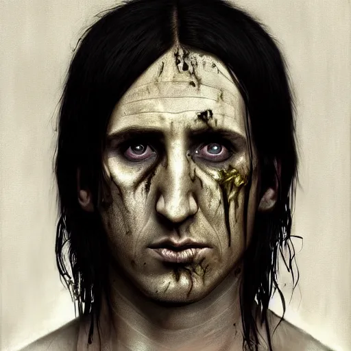 Prompt: color portrait of young and handsome trent reznor as a zombie with shoulder length hair, 7 days to die zombie, realistic proportions, fine art, award winning, intricate, elegant, sharp focus, cinematic lighting, digital painting, 8 k concept art, art by brom, art by guweiz and z. w. gu, art by michael hussar, 8 k