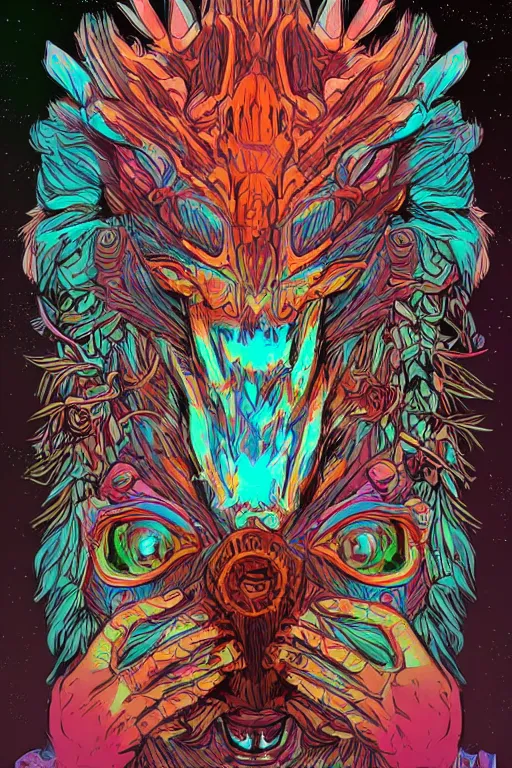 Image similar to animal mask totem roots tribal feather gemstone plant wood rock shaman vodoo video game vector illustration vivid multicolor borderlands comics by josan gonzales and dan mumford radiating a glowing aura