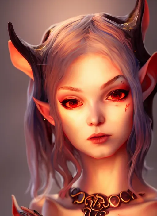 Image similar to imp demon goddess, cute elf ears, strapless dress, character portrait in the style of thomas river and artgerm, cinematic lighting, hyperdetailed, 8 k realistic, symmetrical, global illumination, radiant light,, frostbite 3 engine, cryengine, dof, trending on artstation, digital art, chanel