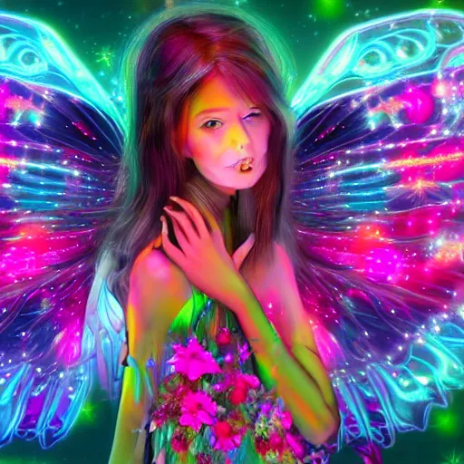 Image similar to cyberpunk fairy princess, galaxy wings, woodland grove, neon wings beautiful colorful pretty artistic 4 k artstation trending dramatic lighting realistic floral garden blooming flowers