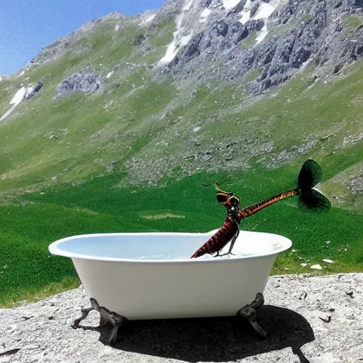 Prompt: dragonfly in a bathtub in the alps, big goat!!!!!!! in the background