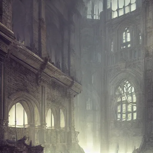 Image similar to a beautiful painting of a dark souls building by pablo dominguez, in style of digital art, mystic, detailed, sharp focus, soft light, octane render, ray tracing, trending on artstation