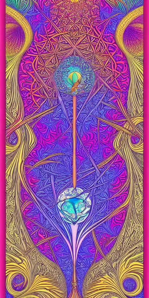Image similar to a beautiful colorful vaporwave fractal tarot card featuring bold occult imagery with clean lines. haeckel. detailed adult coloring book