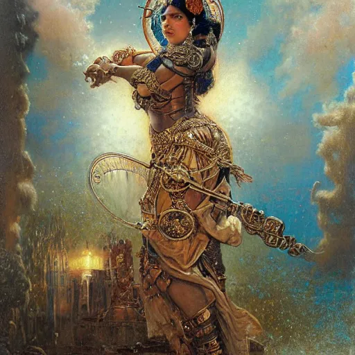 Image similar to detailed potrait of hindu traditional woman with high - tech steam punk clock face armour, girl graceful,, painting by gaston bussiere, craig mullins, j. c. leyendecker, lights, art by ernst haeckel, john william godward, hammershøi,,