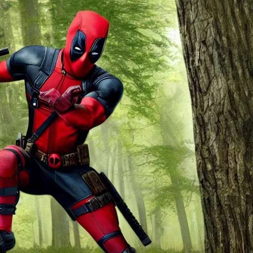 Image similar to deadpool and rocket raccoon in the woods digital art 4 k detailed super realistic