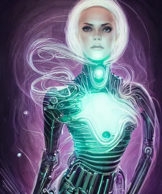 Image similar to a woman turning into an Android portrait wearing a part cybernetic body, surrealism , scifi, intricate, elegant, sharp eyebrows, ornate long flowing blonde hair, highly detailed cybernetic body, neon glowing eyes, digital painting, artstation, concept art, smooth, sharp focus, illustration, art by Artgerm and moebius and Peter Mohrbacher