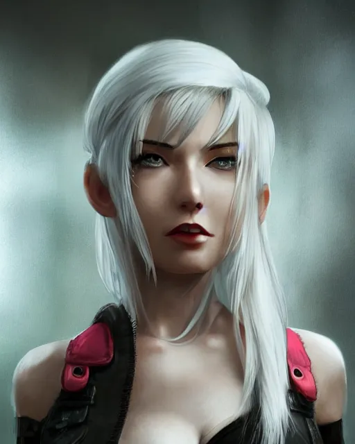 Image similar to tifa lockhart with white hair, beautiful face, very shy, elegant clothes, introverted, garden, utopian city, solarpunk, perfect, attractive, illuminated, ultra realistic, atmosphere, cinematic, artstation, highly detailed, art by dmitry prozorov