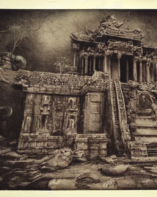 Image similar to Haunting horrifying detailed polaroid of an ancient temple that calls out to the viewer, beckoning them in to their deaths, hyper detailed, trending on Artstation