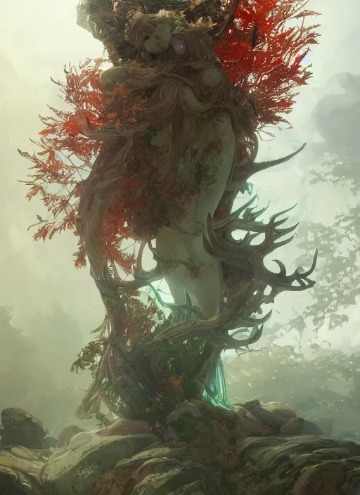 Prompt: Gigantic Stone Deity with a halo made of fluorescent mushrooms and antlers, flowing robes and translucent leaves, extremly detailed digital painting, in the style of Fenghua Zhong and Ruan Jia and jeremy lipking and Peter Mohrbacher, mystical colors, rim light, beautiful lighting, 8k, stunning scene, raytracing, octane, trending on artstation