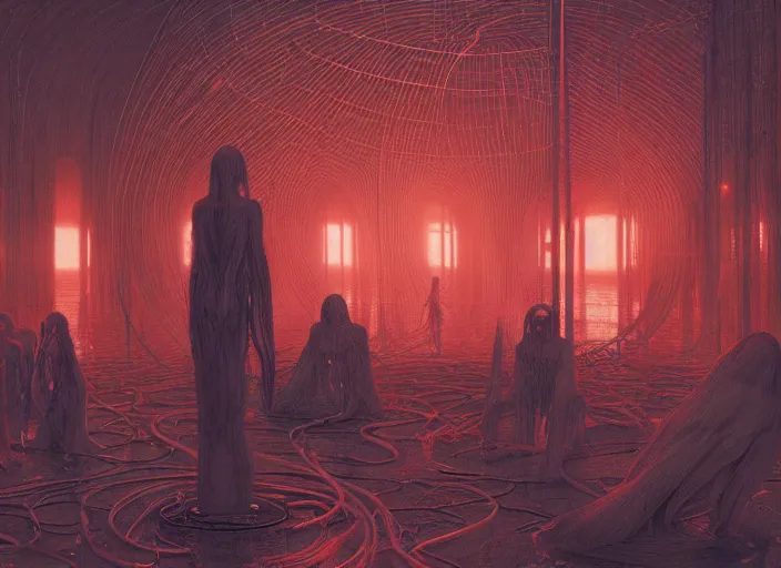 Image similar to satanic ritual, neon, they are watching, RGB, glowing wires everywhere, pristine, by Edgar Maxence and Ross Tran, Zdzisław Beksiński, and Michael Whelan, distant, gustav dore, H.R. Giger, 8k, octane render