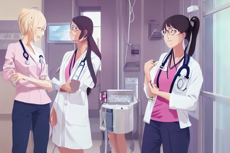 Image similar to a cute and beautiful young female doctor wearing white coat are talking with a nurse wearing pink coat in a hospital ward, highly detailed, digital painting, slice of life anime, illustration, anime scenery by Makoto shinkai