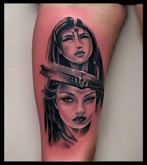 Prompt: tattoo design on white background of a beautiful girl warrior, hyper realistic, realism tattoo, inspired by eliot kohek