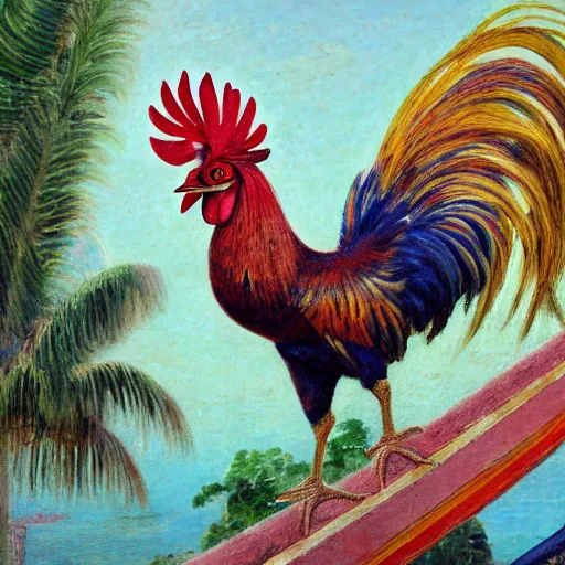 Image similar to a ultradetailed beautiful painting of a rooster in the amazonas palace balustrade designed by jules bastien - lepage, hans belmer, frank weston and gustave baumann, beach, trending on artstation, mediterranean, palm trees, refracted color sparkles, sharp focus, soft light, 8 k 4 k