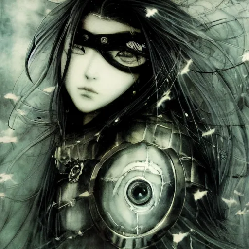 Image similar to yoshitaka amano blurred and dreamy illustration of an anime girl with pirate eye patch, wavy white hair and cracks on her face wearing elden ring armour with the cape fluttering in the wind, abstract black and white patterns on the background, noisy film grain effect, highly detailed, renaissance oil painting, weird portrait angle