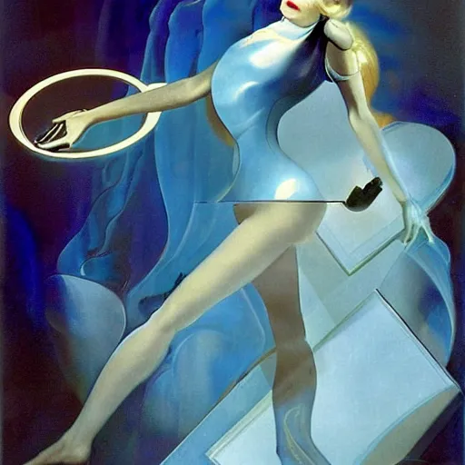 Image similar to A kinetic sculpture. A rip in spacetime. Did this device in his hand open a portal to another dimension or reality?! light blue by Rolf Armstrong composed