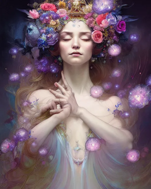 Prompt: Full View ultrarealistic Portrait ethereal fantasy deity wearing beautiful gown, flowers, spirituality, 4k digital masterpiece by Anna Dittman and Alberto Seveso Ruan Jia, rossdraws, artgerm and greg rutkowski and alphonse mucha and loish and WLOP, fantasycore, Hyperdetailed, realistic digital painting, atmospheric, fireflies, soft lighting, featured on Artstation