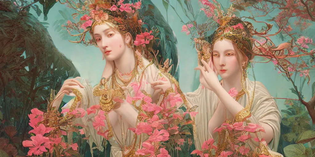 Image similar to breathtaking detailed concept art painting of the goddess of flamingo, orthodox saint, with anxious, piercing eyes, ornate background, amalgamation of leaves and flowers, by Hsiao-Ron Cheng and John James Audubon, extremely moody lighting, 8K