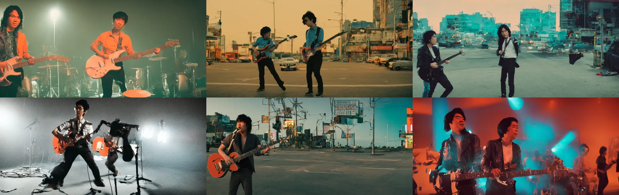 Prompt: The long shot of charismatic disco punk rock young Asian man with very long curly dark hair playing on jazz guitar, the very strong fresnel top spotlight, twilight city on the horizon, by Lubezki and David Lynch, anamorphic 24 mm lens, cinematic composition, teal-orange color correction, rock movie, Kodachrome film, 4k