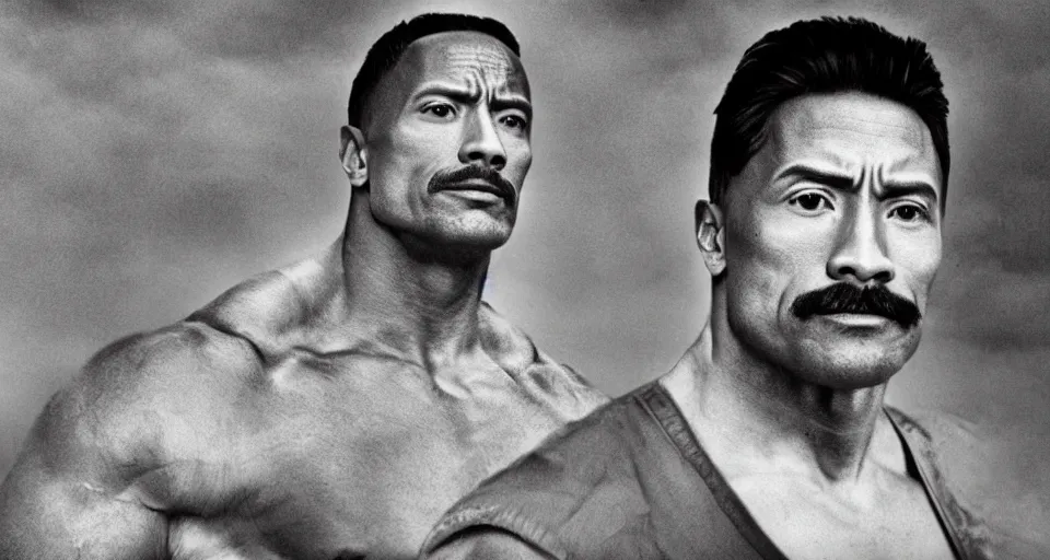 Prompt: dwayne johnson as joseph stalin, black and white photo, award winning