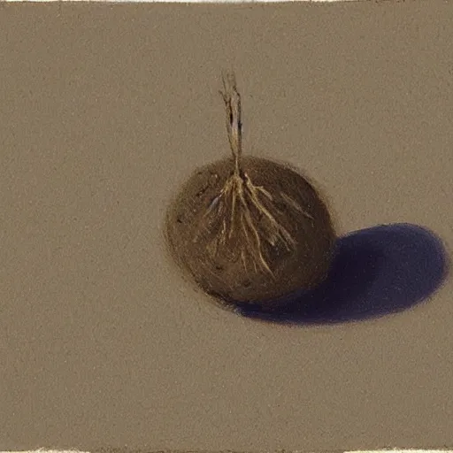Prompt: detailed painting of a single small seed sitting in loose fresh earth. the painting is characterized by its use of light and shadow to create a sense of depth, its muted colors, and its focus on nature.