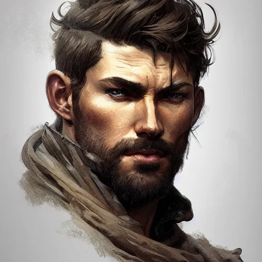 Image similar to portrait of rugged male ranger d & d muscular fantasy intricate elegant headshot portrait detailed face coherent face highly detailed digital painting artstation concept art smooth sharp focus illustration art by artgerm and greg rutkowski and alphonse mucha