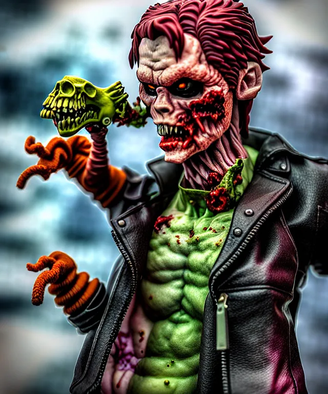 Image similar to hyperrealistic rendering, epic boss battle, punk rock zombie, by art of skinner and richard corben, product photography, collectible action figure, sofubi, hottoys, storm clouds, outside, lightning