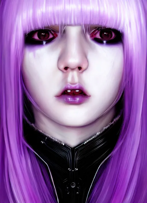 Image similar to hair whitebangs hair, black cyberlox, portrait of normal teenage girl, white bangs, messy bangs, fluffy bangs, cyberlox, whitebangs, red contact lenses, purple background, intricate, elegant, highly detailed, digital painting, artstation, concept art, sharp focus, smooth, illustration, art by wlop, mars ravelo and greg rutkowski