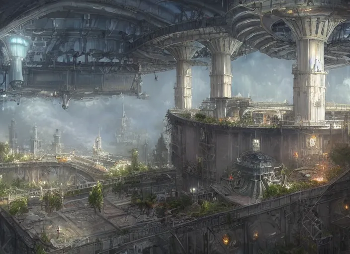 Image similar to Industrial Airship manufactory inside a beautiful elven city made of white marble, anime, lush trees, fountain, a fantasy digital painting by Greg Rutkowski and James Gurney, trending on Artstation, highly detailed