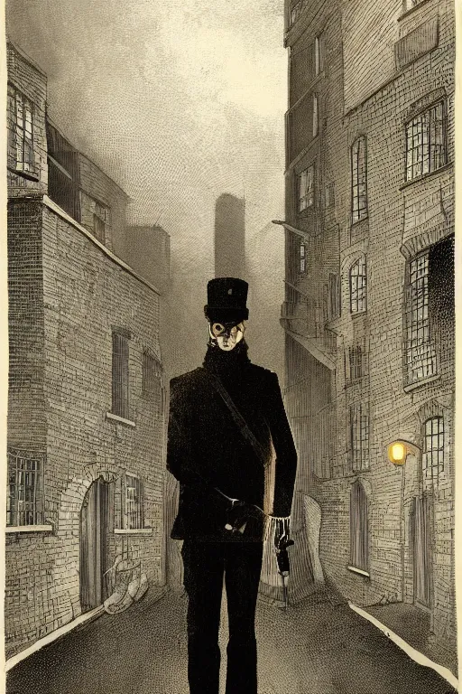 Prompt: portrait of a villain at night, illustration, standing in a gaslit london alleyway, golden fog