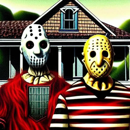 Image similar to Freddy Krueger and Jason Voorhees reimagined as the American Gothic painting