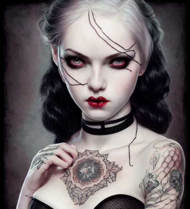 Prompt: two beautiful pale skin white eyed cosplay girls, black hair, fully tattooed body, fishnet corset with choker and whip on hand, symmetrical, beautiful detailed face, masterpiece, artstation contest winner, trending artgerm, paint by tom bagshaw