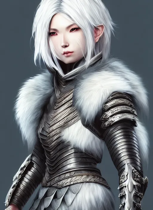 Image similar to warrior, fur - lined wolf armor!!! beautiful and elegant white hair female!! monster hunter!! character concept art, sharp focus, octane render! unreal engine 5! highly rendered!! trending on artstation!! detailed linework!! illustration by artgerm, wlop, and chie yoshii