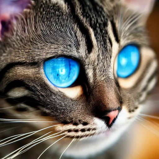 Image similar to a close up of a cat with blue eyes, a portrait by hanns katz, flickr contest winner, mingei, shiny eyes, fisheye lens, shallow depth of field