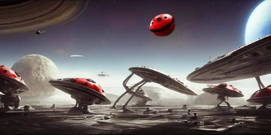 Prompt: movie still far view of a spaceship docked in space around planet saturn. huge ladybug looking robots fix the spaceship outside. detailed, cgsociety, highly detailed, dramatic lighting, coherent, octane, silent running, fifth element, 4 k.