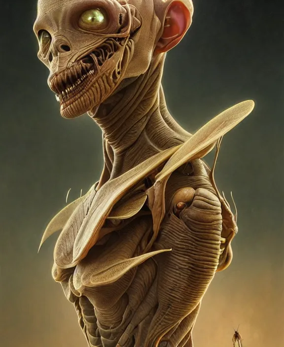 Image similar to intricate earth - toned portrait of a disturbing terrifying alien insect creature, mottling coloring, adorable, childlike, medical equipment hospital environment, ultra realistic, concept art, art nouveau, photorealistic, octane render, 8 k, unreal engine. art by christopher marley and artgerm and greg rutkowski and alphonse mucha