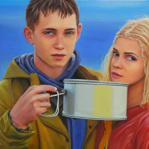 Image similar to a highly detailed painting of a young couple from the side, holding a tin can, hjalteyri iceland, summer, blonde hair, muted colors, joy, trending on artstation,