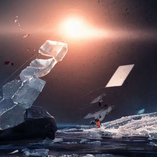 Image similar to obsidian scraps trailing behind a huge chunk of ice which is flying through the air, behance hd artstation, 4 k cinematic