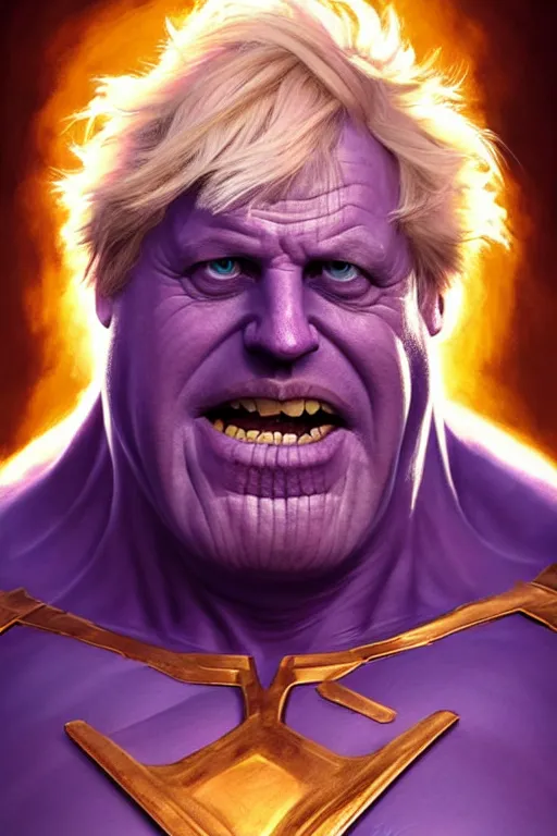 Image similar to Boris Johnson as Thanos, claws are up, X-man costume, Boris Johnson hairstyle, calm, grumpy, portrait, masculine figure, highly detailed, digital painting, artstation, concept art, smooth, sharp focus, illustration, cinematic lighting, art by artgerm and greg rutkowski and alphonse mucha