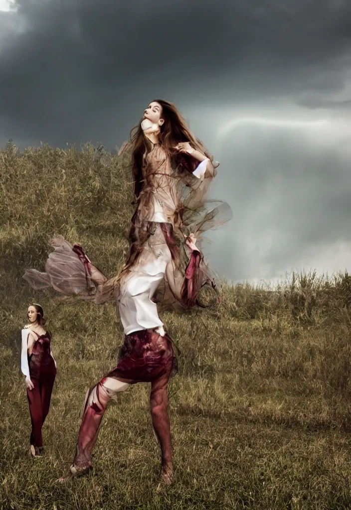 Image similar to fashion editorial in front of tornado storm on a field.