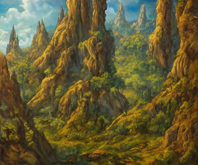 Image similar to medieval fantasy artwork. woodland with cliffs in the background. on top of the cliffs is a radiant castle made of pure blue light!!! oil on canvas.