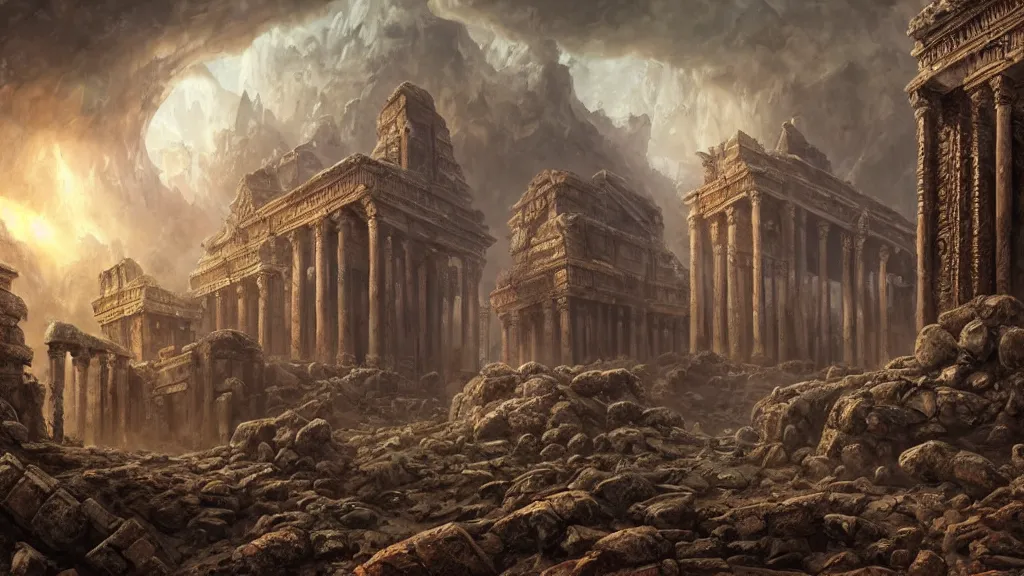 Prompt: elaborated ornate painted illustration of the non-ecludian cyclopean ruins of the dead city of the elder gods, matte painting, dramatic lighting, highly detailed oil painting, 8k resolution, sorrowful nostalgic awe-inspiring atmosphere, masterpiece